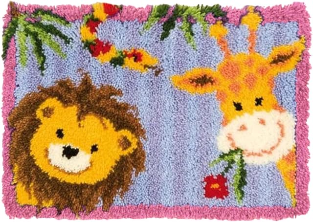 DIYARTS Latch Hook Rug Kits for Adults Kids Beginners, DIY Crochet Rug Making Kit with Color Printed Lion Giraffe Patterns, Carpet Embroidery Crafting Arts, Latch Hook Cushion Kits, 20×15 Inch