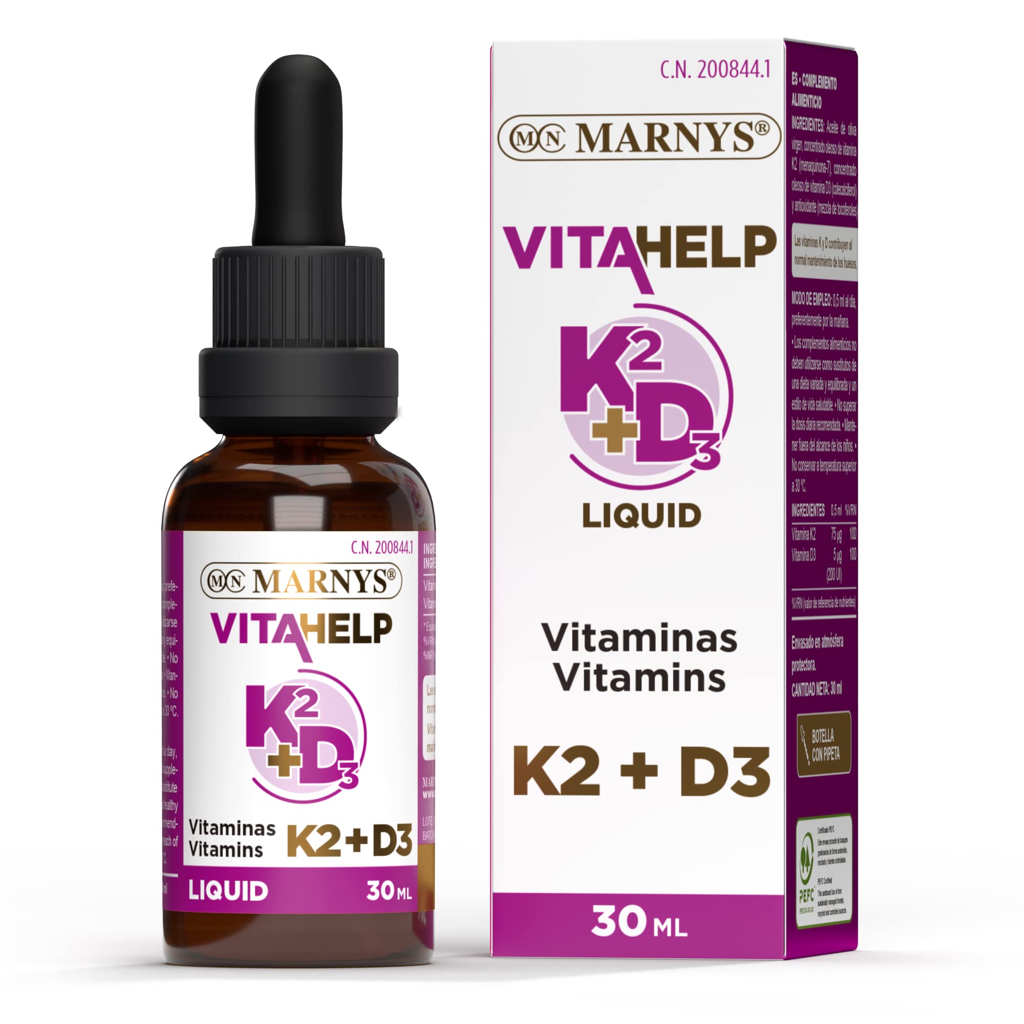 Marnys Vitamina K2-​D3 Líquida, Huesos y Circulación Saludables, Botella con Pipeta 30 Ml 80 g