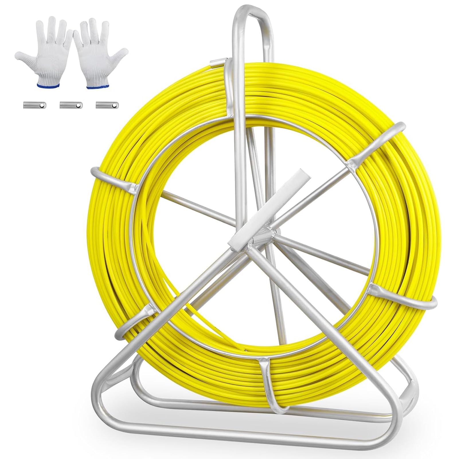 Fish Tape Fiberglass 6MM 500FT, Duct Rodder Fish Tape Wire Puller, Electrical Fish Tape Cable Running Rod with Steel Reel Stand, Fishing Tools for Walls & Electrical Conduit