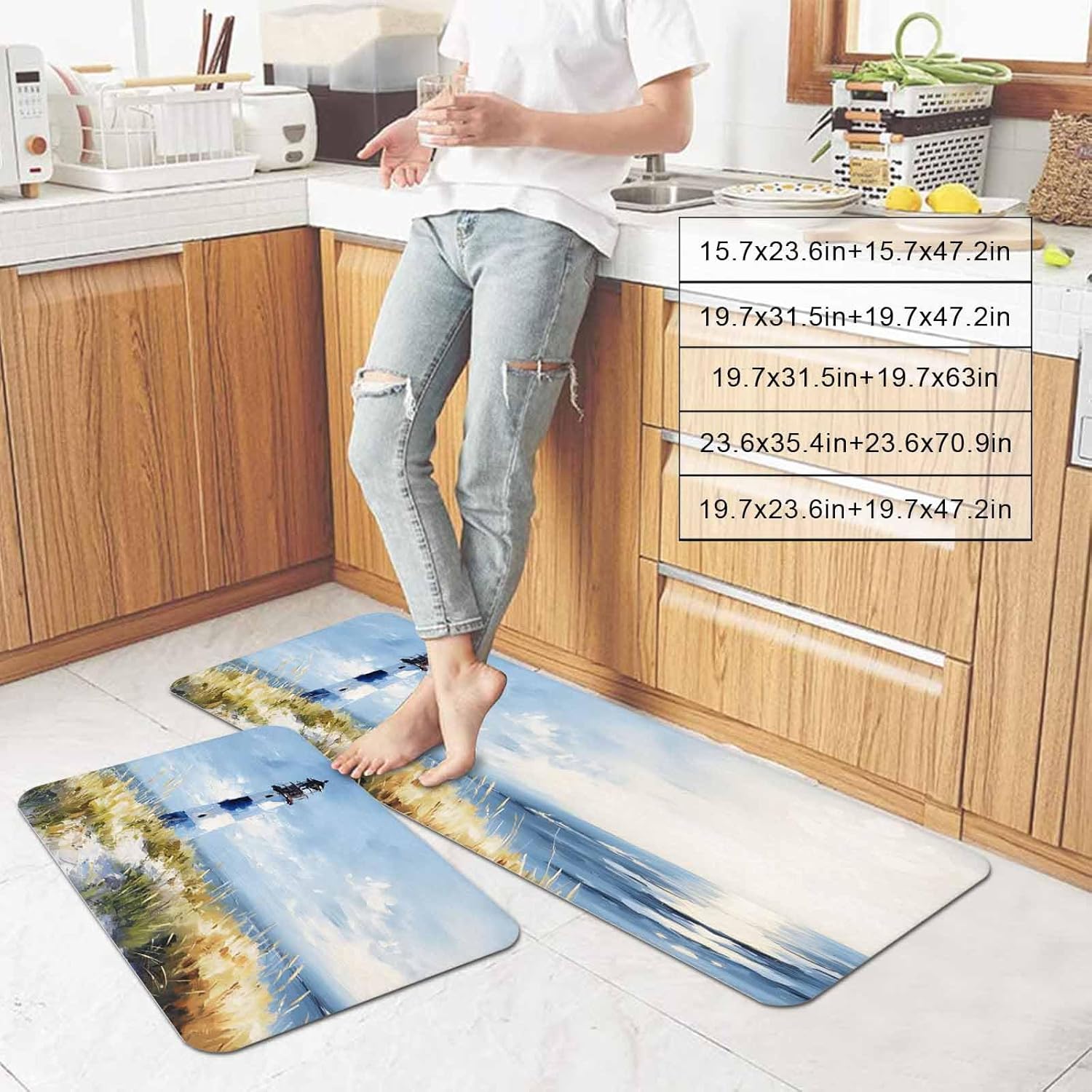 Summer Ocean Lighthouse Kitchen Mat Set 2 Pieces Nautical Sea Green Grassland Oil Painting Style Non Slip Kitchen Rugs Washable Runner Rug Mats for Sink Laundry (19.7" x 31.5"+19.7" x 63")