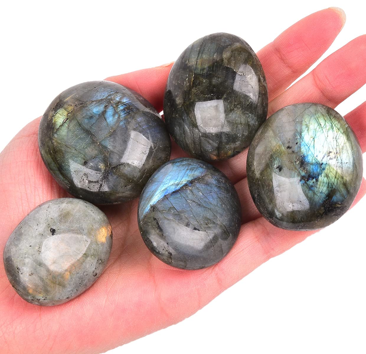 JIC Gem 5PCS Irregular Shape Labradorite Palm Stones Polished Healing Crystals Pebble Stones Pocket Energy Worry Stone 1.5-2.0 inches