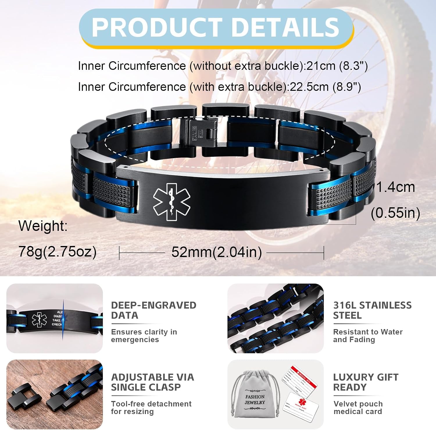 Personalized Medical Alert Bracelets for Men - Free Engraving Medical ID Bracelet Masculine Stainless Steel Waterproof Wristband Jewelry for Dad Husband Custom Emergency Bracelet for Allergy Diabetic