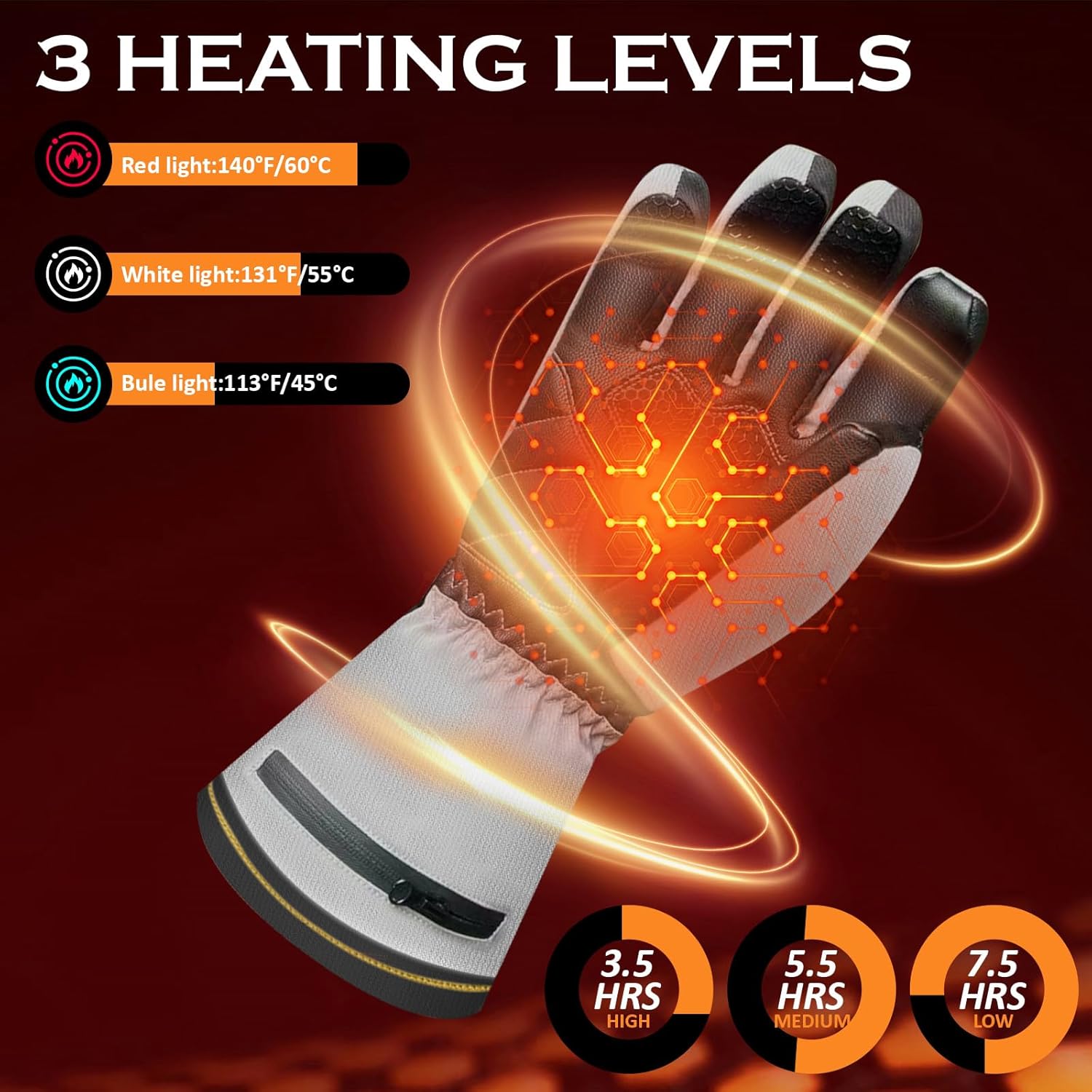 Rechargeable Heated Gloves for Men & Women - 3-Temp Electric Winter Gloves, Waterproof & Touchscreen, 7.5-Hour Heat for Skiing, Motorcycle, Work & Cold Outdoor Activities - Image 3