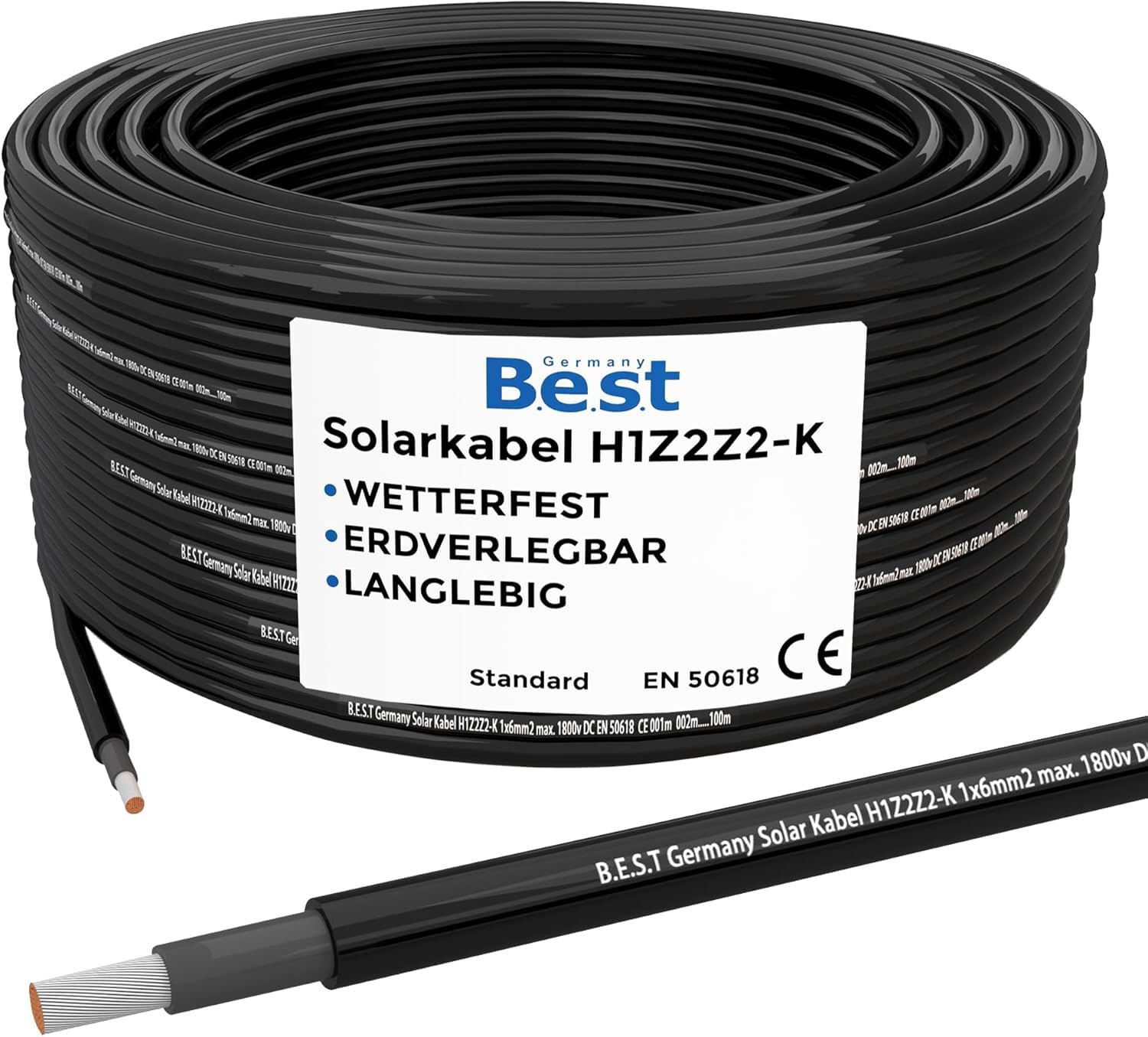 Germany B.e.s.t Solarkabel 6mm2 PV TÜV Zertifiziertes Photovoltaik Kabel aus Kupfer, 100m Schwarz
