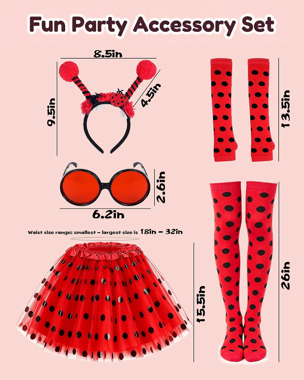 Hikkcos 5 Pcs Ladybug Costume Halloween Tutu Antenna Headband | Round Glasses, Polka Dot Sleeves, Thigh High Socks, Tutu With Lining, Stretchy Fabric, Party Dress Up