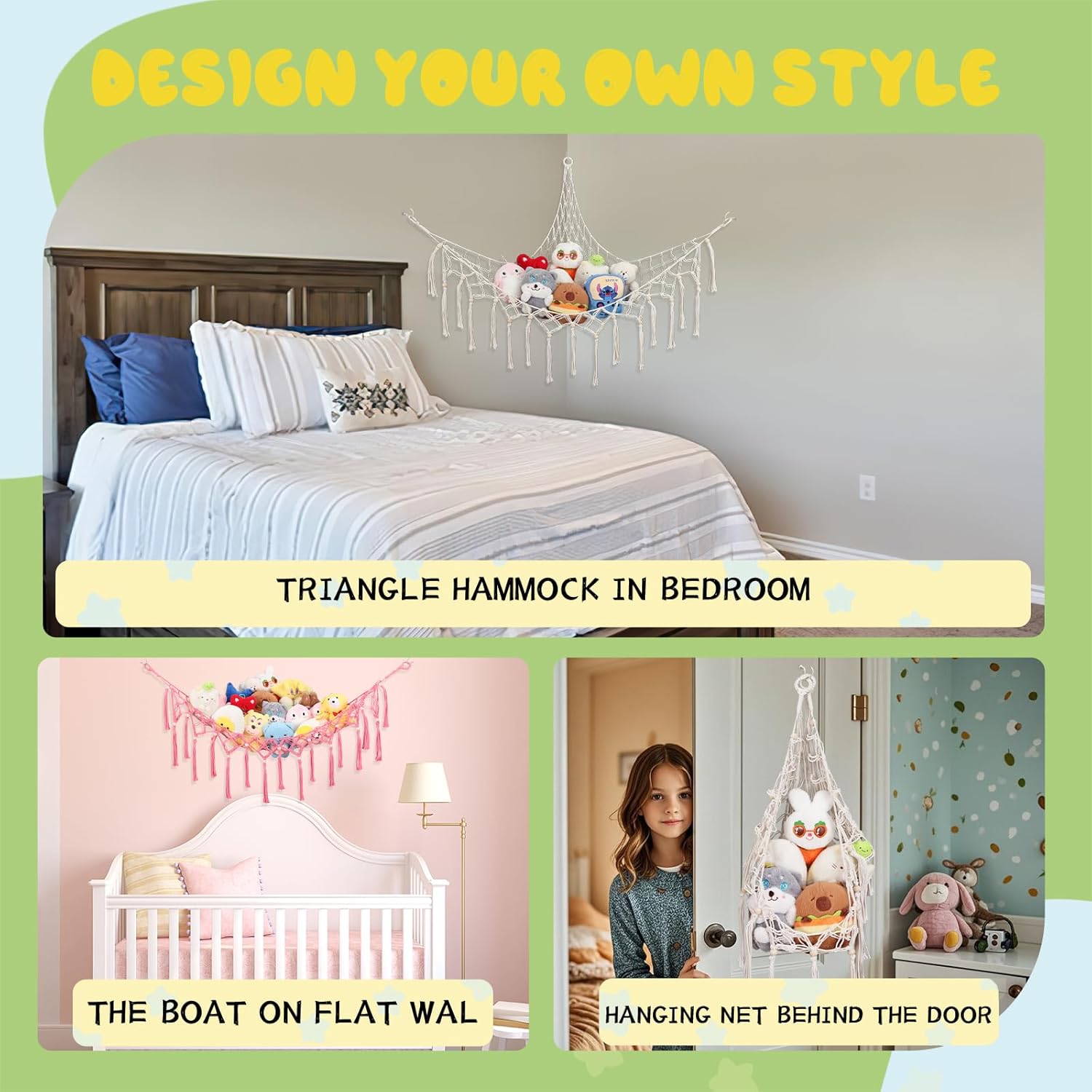 Stuffed Animal Hammock Corner Storage Net, 2-Pack Heavy-Duty Cotton Handwoven Large Plushie Net with Metal Anchors & Hooks | Kids Bedroom & Nursery Wall Decor (Cream&Pink)