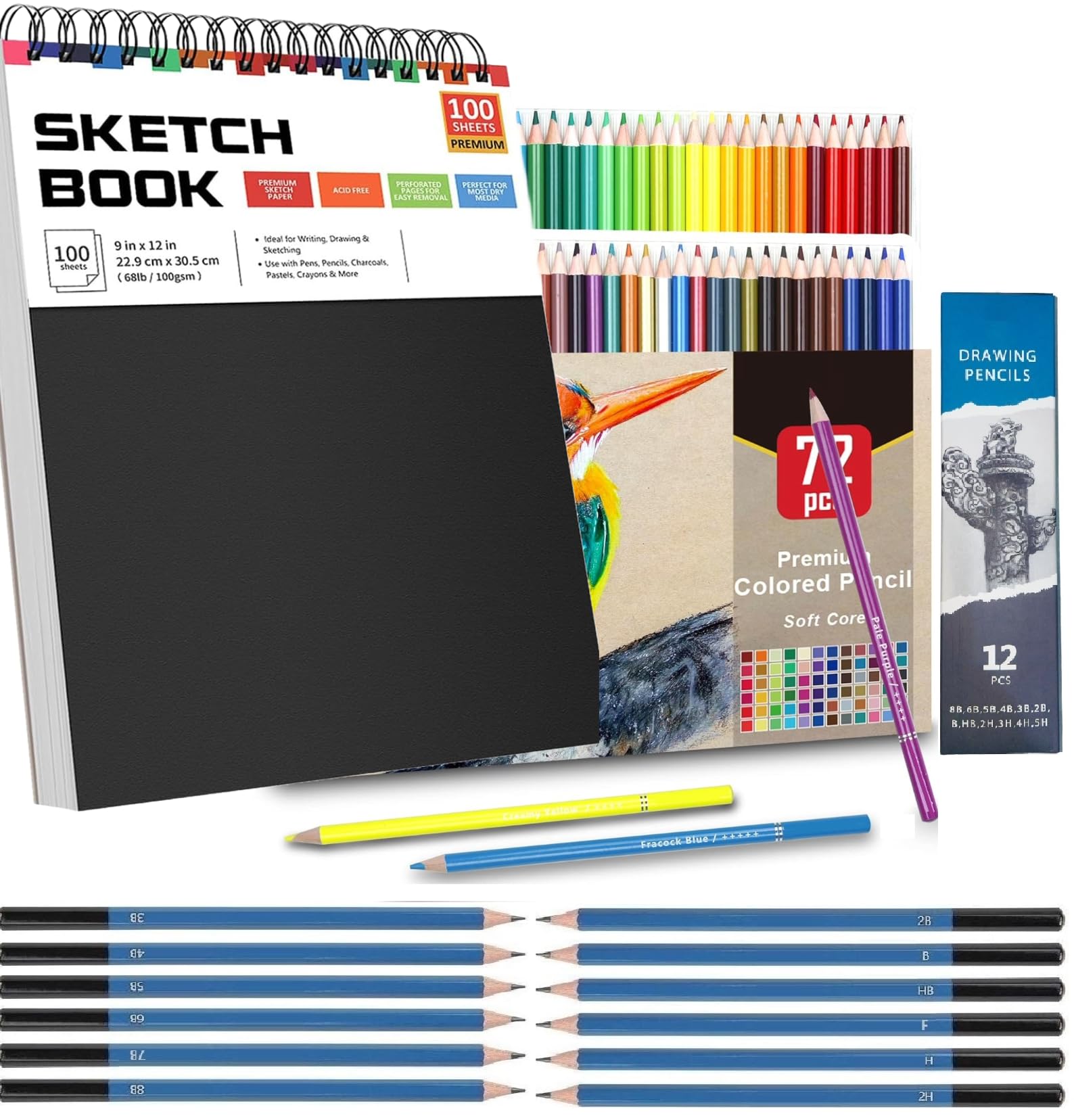 Corslet Set of 85 Art Supplies Drawing Kit 72 Colour Pencils Set 12 Pc Drawing Pencils Sketch Pencil Set A4 Sketch Book 100 Sheets 200 Pages Pencil Colours for Sketching Shading Charcoal Pencil Adults