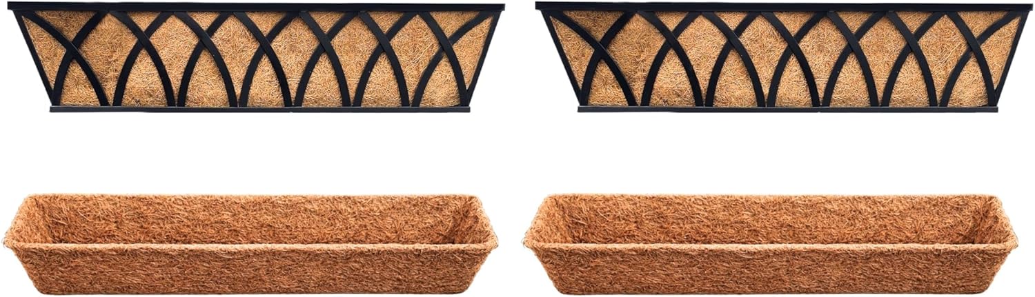 LaLaGreen Bundle- 2 Pack, 30 Inch Rectangular Metal Basket with Coco Liner + 2 Pack, 30 Inch Coconut Coir Insert Hanging Window Flower Planter Rail Deck Balcony Black Horse Trough Garden Outdoor Decor