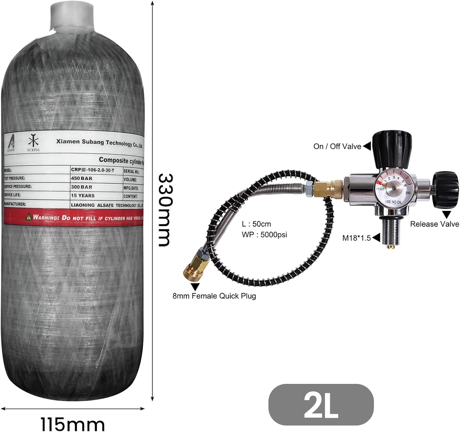 TUXING 4500Psi 2L 122Cu Carbon Fiber Paintball HPA Air Tank, with Pcp Filling Regulator Valve for Pcp Air Rifle Scuba Tank (Empty Bottle), M18*1.5