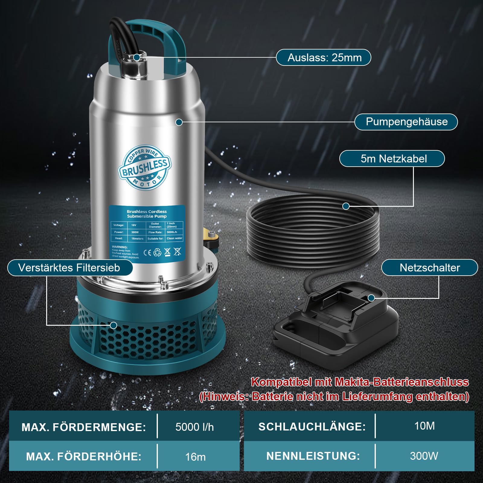 Bomba sumergible compatible con batería Makita de 18 V (sin batería) – 5000L/H Bomba de agua inalámbrica con manguera de 10 m, cable de conexión de 5 m, ideal para piscina, cama de agua, riego de