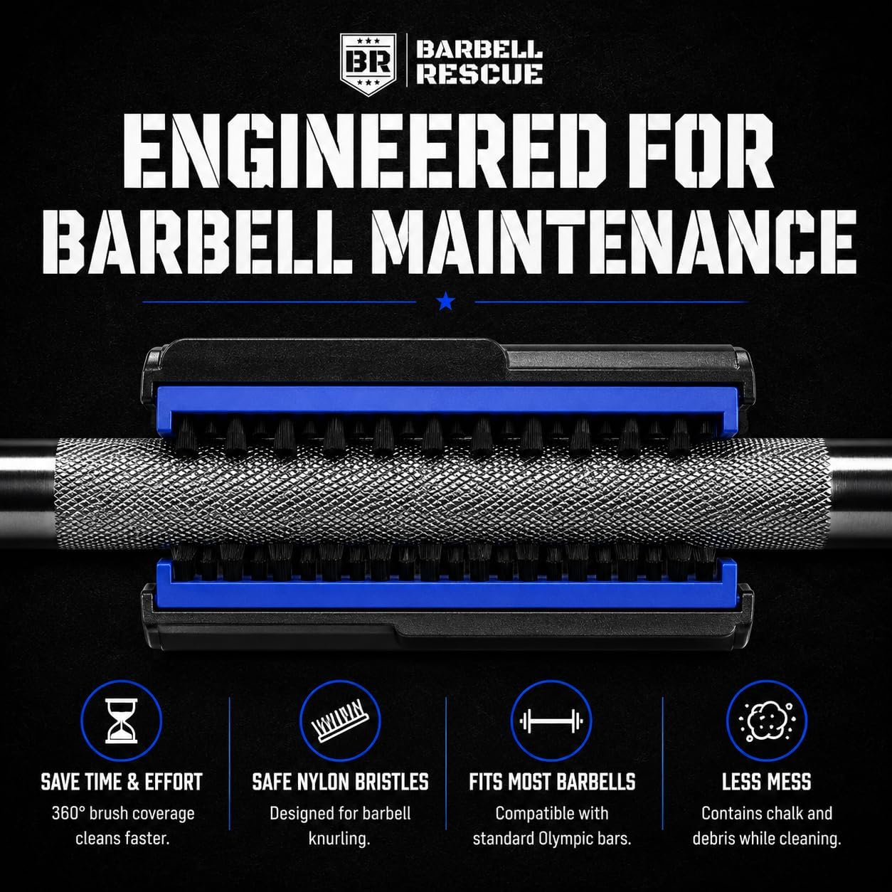 360° Barbell Cleaning Brush – Patented Cylindrical Design, Removes Chalk & Buildup from Barbells, Dumbbells & Gym Equipment, High-Density Nylon Bristles