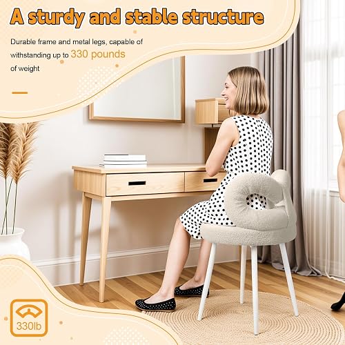 Reukmuuc Tabouret de coiffeuse, capacité de 150 kg avec protection antidérapante pour le sol, siège en mousse haute densité imitation laine, dossier cintré sans accoudoirs, chaise de table de - 3