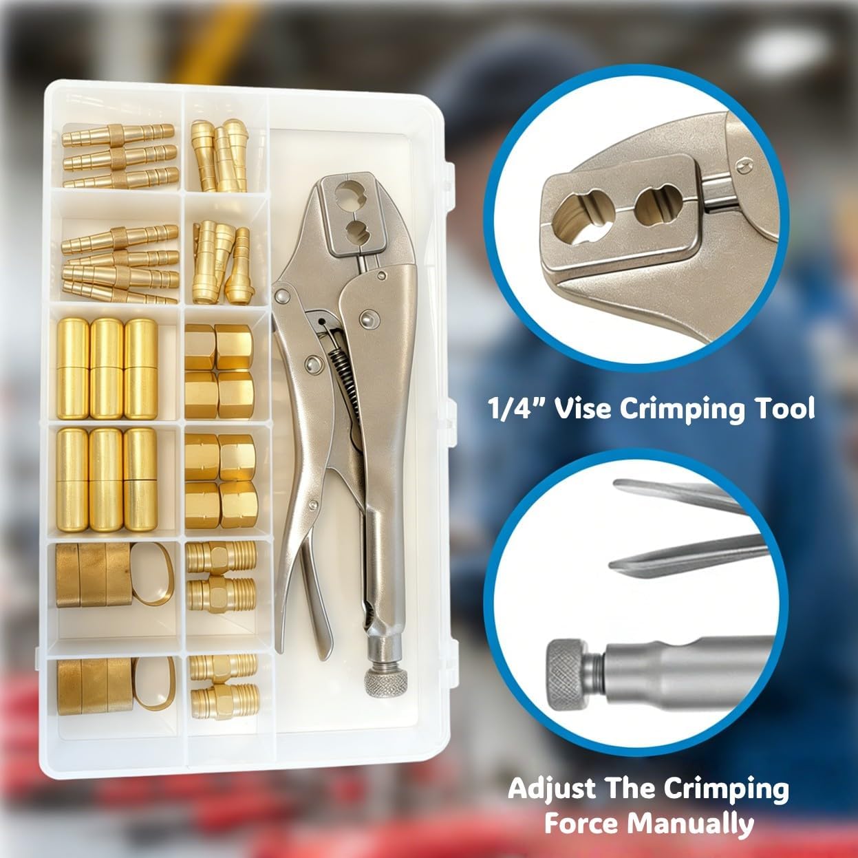 49 Pieces Torch Hose Splicer & Repair Kit, Durable Crimper Brass Couplers Nipples Nuts Ferrules with Storage Box, for 3/16" to 1/4” ID Welding Hose Oxygen Acetylene Pipe Use