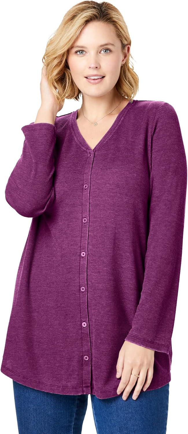 Woman Within Women's Plus Size Button Front Washed Thermal Waffle Long Underwear Top at  Women’s Clothing store