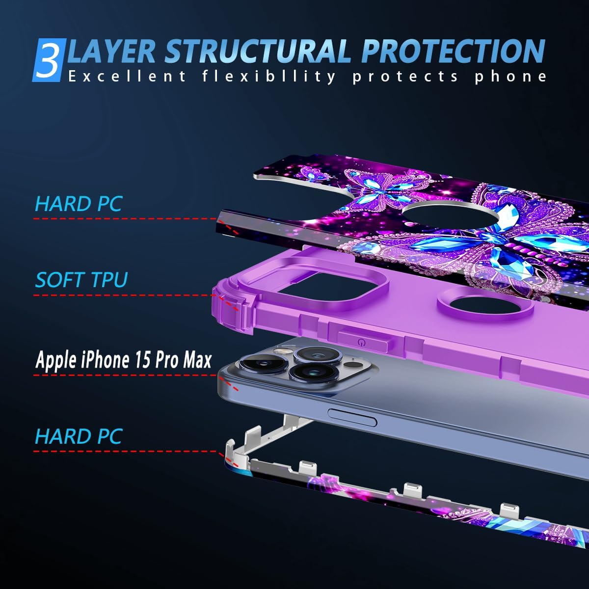 Miqala Compatible with iPhone 15 Pro Max Case,Glow in The Dark Three Layer Heavy Duty Shockproof Full Protection Hard Plastic Bumper+Soft Silicone Protective Case for iPhone 15 Pro Max,Dark - Image 3