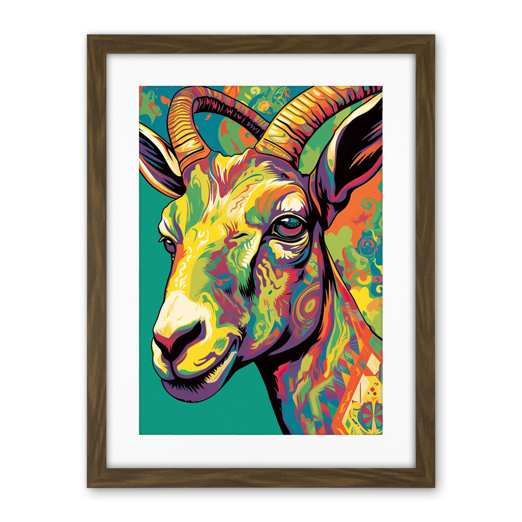 Artery8 The Trippy Goat Psychedelic Portrait Vibrant Colourful Patterns Modern Pop Art Artwork Framed Wall Art Print 18X24 Inch