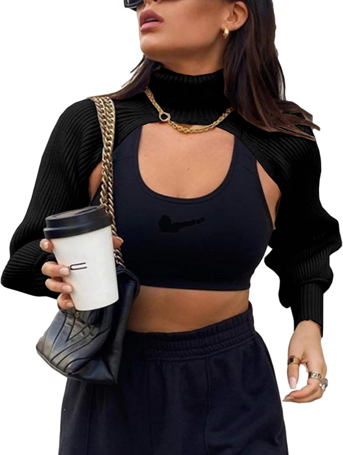 UANEO Womens Super Cropped Sweater Turtleneck Long Sleeve Bolero Shrug