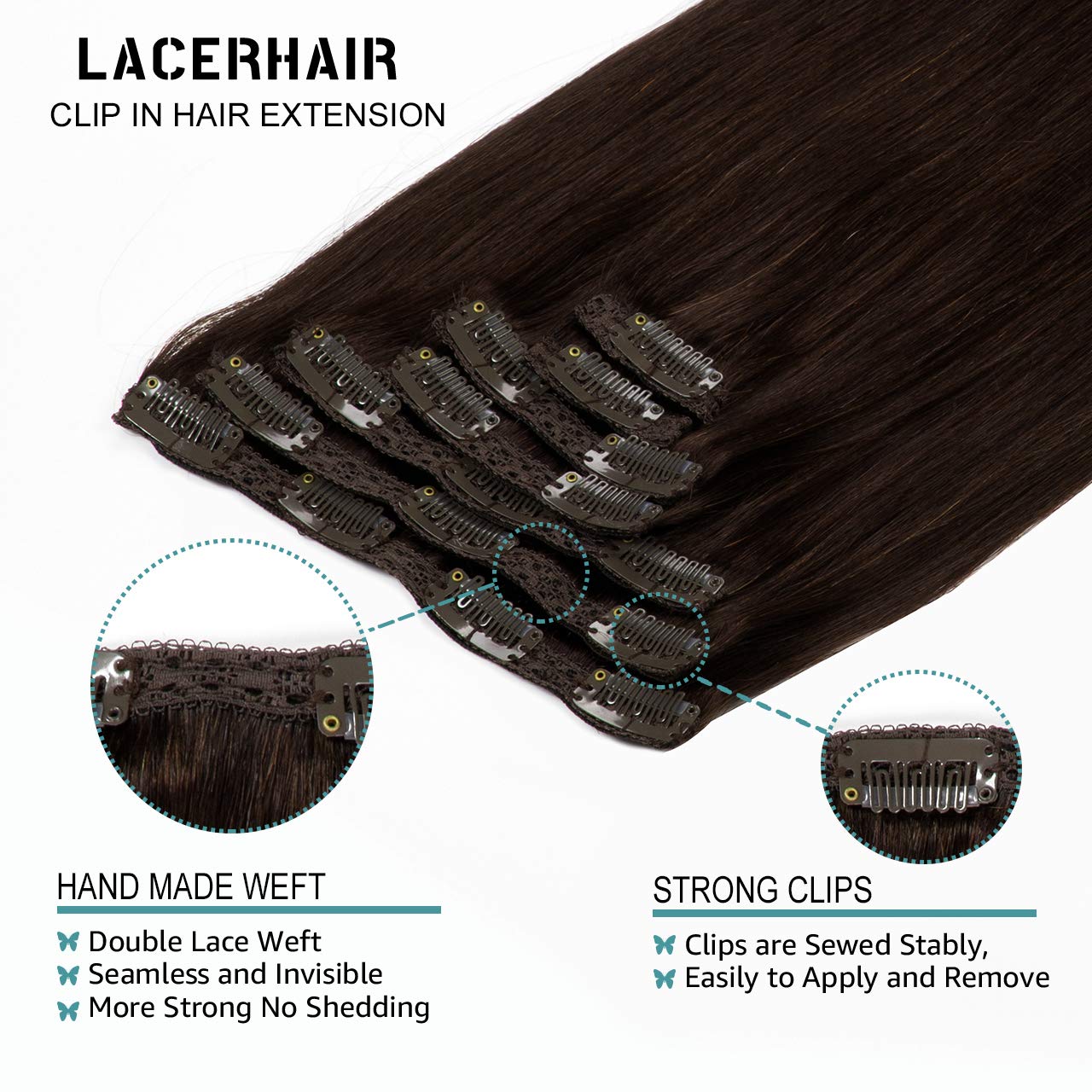 Lacer Clip-in Hair Extensions, 20 Inch Light Dark Brown, Double Weft Straight Natural, Real Human Hair, 120g, 7pcs, 18 Inch for Women