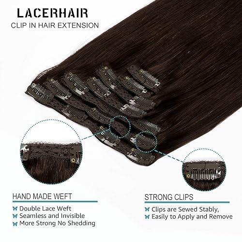 Vista 90 de Lacer Extensiones de cabello humano con clip, de doble trama, cabello brasileño de cabeza completa, color negro azabache, extensiones de cabello