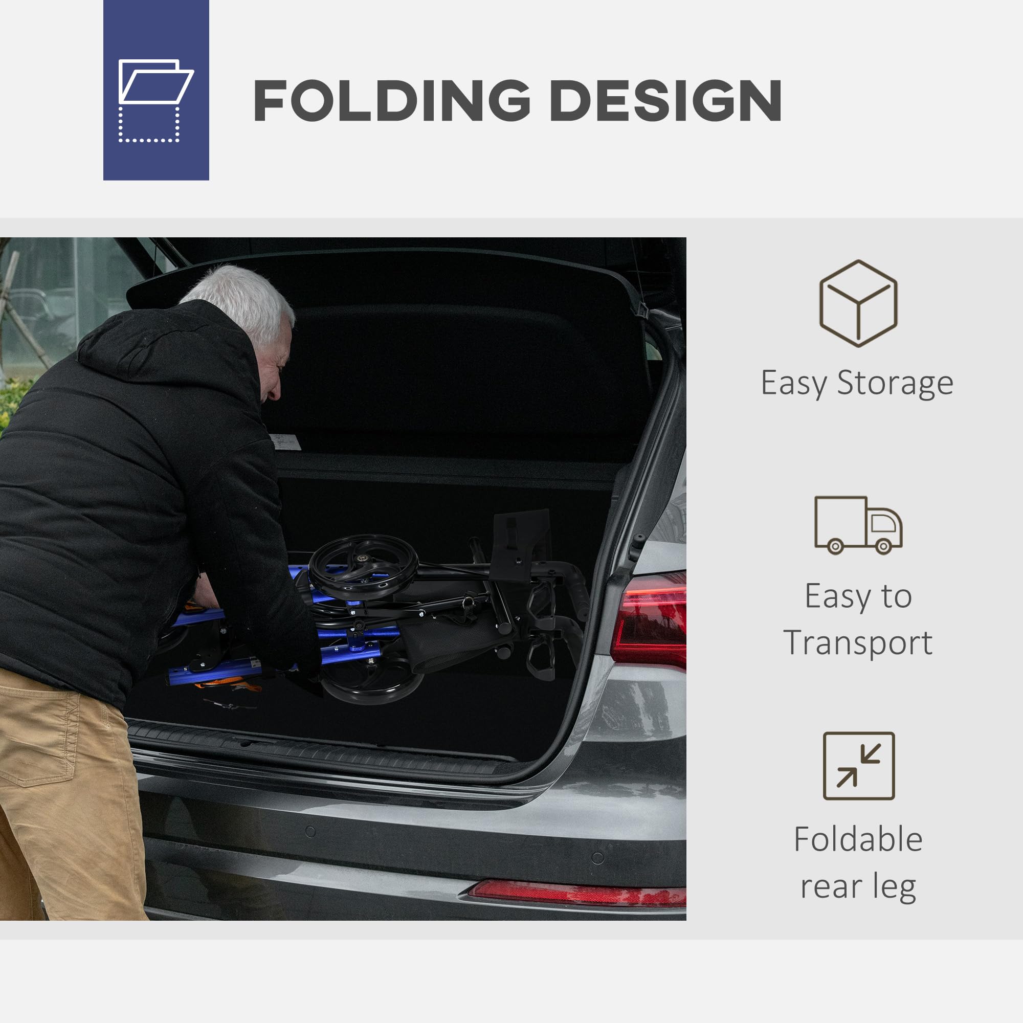 HOMCOM Andador de 4 ruedas con asiento y respaldo, andador plegable de movilidad con bolsa de transporte, altura ajustable, frenos duales, soporte para bastón, marco de aluminio ligero para personas