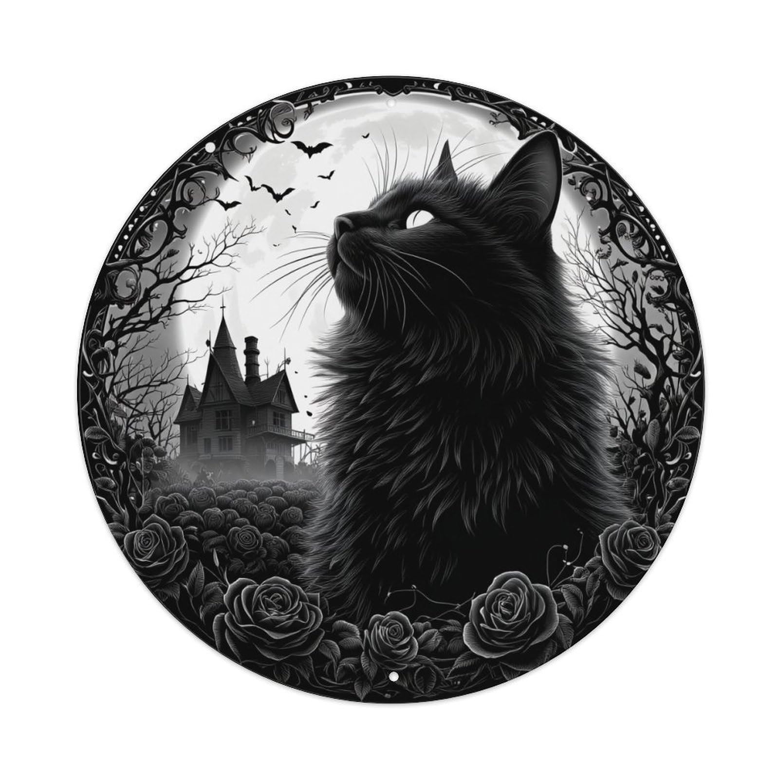 Black Cat Moon Castle Roses Metal Tin Sign Plaque