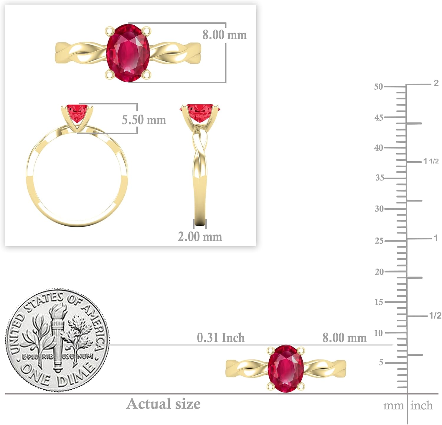 8x6mm Oval Lab Created Ruby Twisted Solitaire Engagement Ring for Women in 14K Real Solid Gold