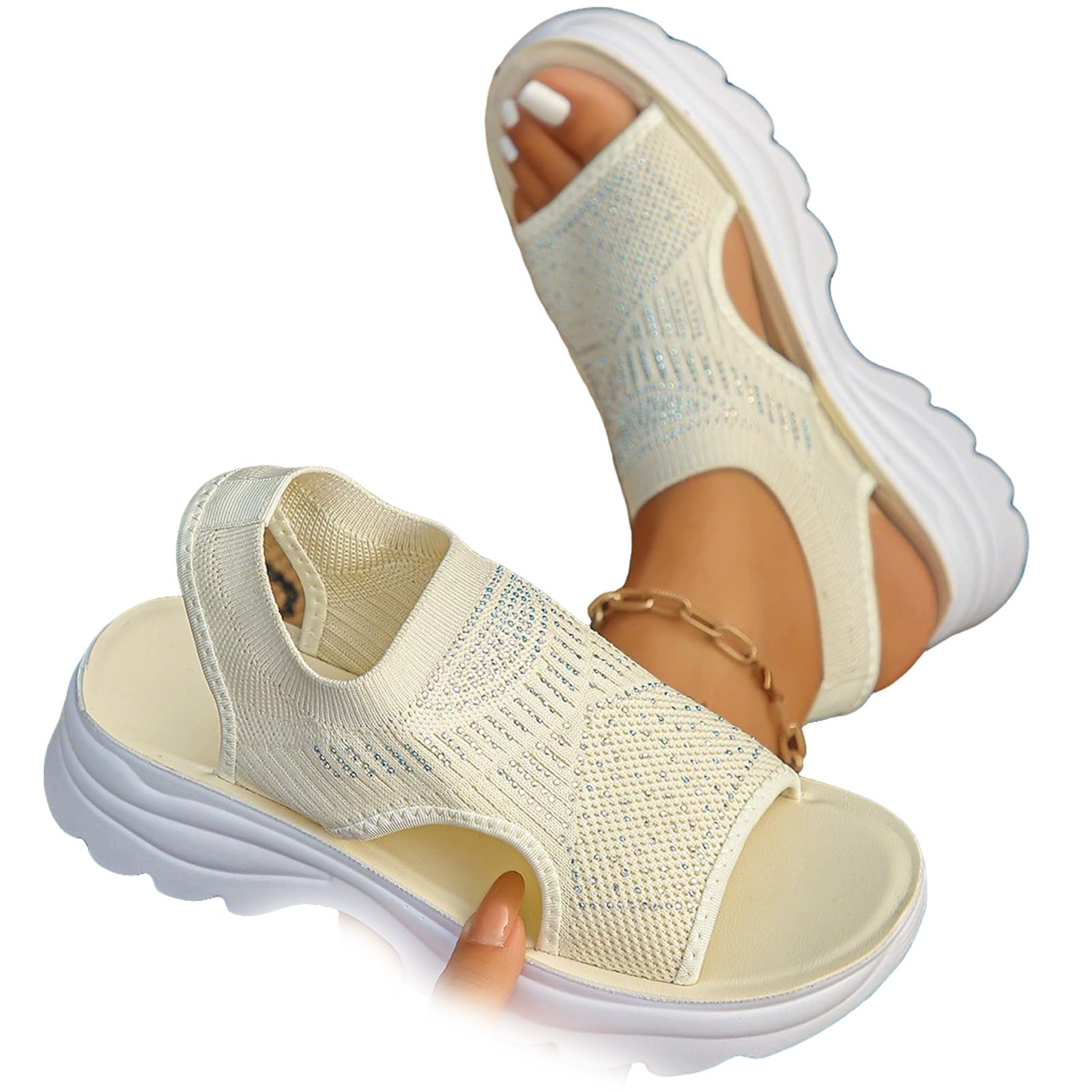 Sandali ortopedici sportivi da donna, comodi e leggeri, in rete elastica, con strass, a maglia, aperti sulla punta, leggeri, traspiranti, con plateau, con supporto per arco plantare