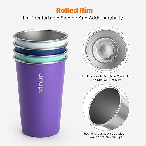 Miniatura 3 de VINUR Vasos de acero inoxidable de 16 onzas, paquete de 4 vasos de pinta apilables de metal para viajes, campamento, exteriores (morado, rosa, azul