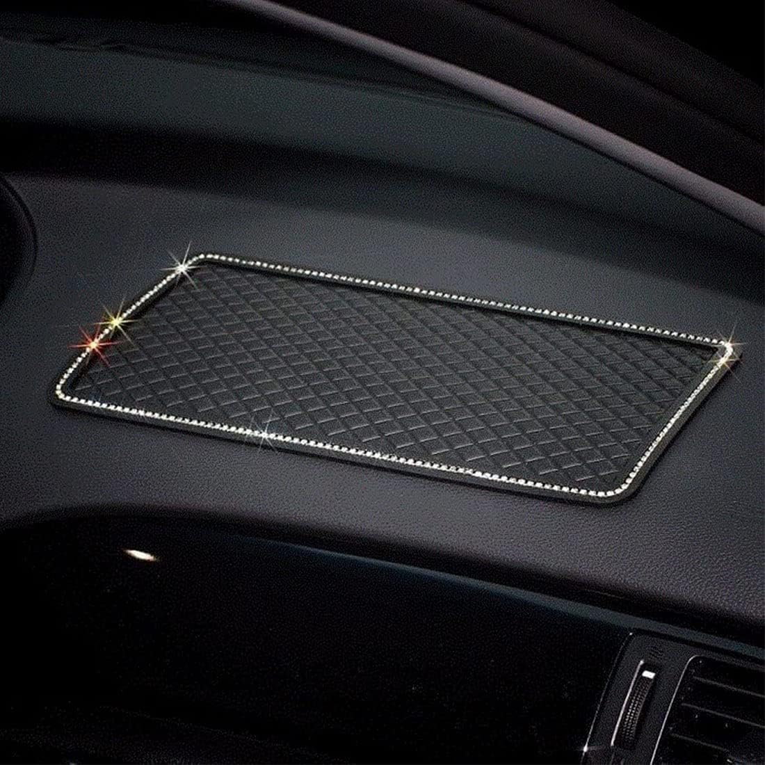 Anti-Slip Car Dash Grip Pad, 11.5 x 6 inch, Black | Handmade Crystal Rhinestone Mat, For Cell Phone & Navigation, Holds Keychains & Sun Glasses, Stand Function