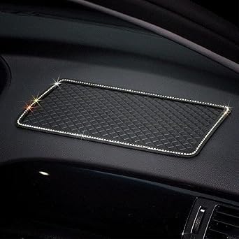 Anti-Slip Car Dash Grip Pad, 11.5 x 6 inch, Black | Handmade Crystal Rhinestone Mat, For Cell Phone & Navigation, Holds Keychains & Sun Glasses, Stand Function