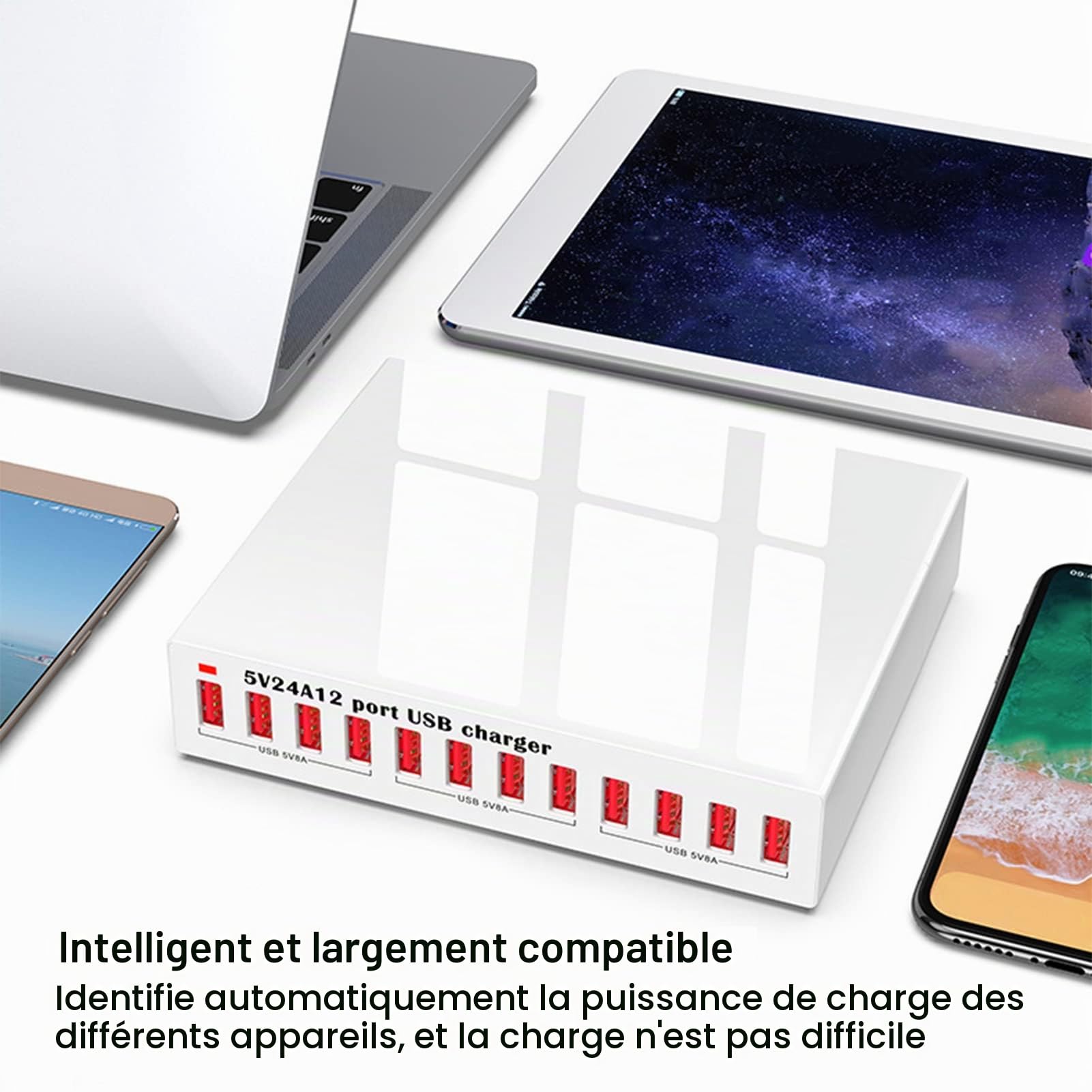 CCYLEZ Station de charge USB, Hub de charge USB à 12 ports avec voyant LED et charge rapide, prise de 120 W, prise de reconnaissance automatique, pour téléphone intelligent (prise UE)