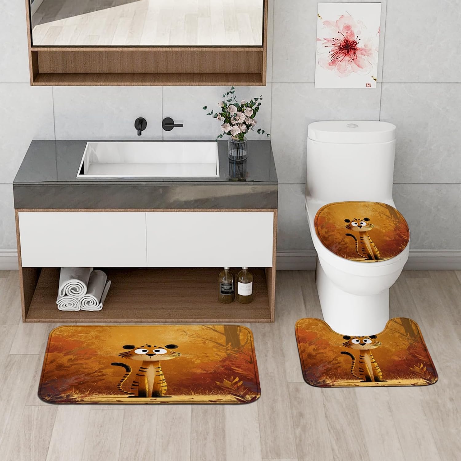 4PCS Fall Cartoon Tiger Kid Bathroom Accessory Sets with Non-Slip Rug, U Shape and Toilet Lid Cover Mat, Autumn Woodland Forest Animal Bathroom Decorative-72''x72''
