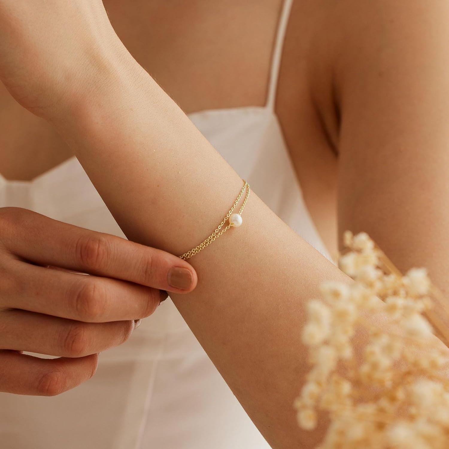 SLOONG Gold Pearl Bracelets for Women Trendy, 14K Gold Plated Dainty Stackable Layered Chain Bridesmaid Bracelets, Waterproof Wedding Jewelry for Women Adjustable 6"+2"
