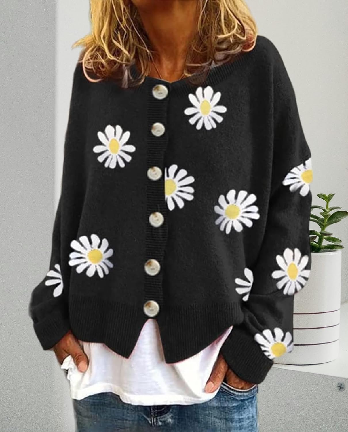 Daisy Flower Cardigan Sweater for Women Button Down Long Sleeve Sweaters Aesthetic 90s Women Sweater Outfits