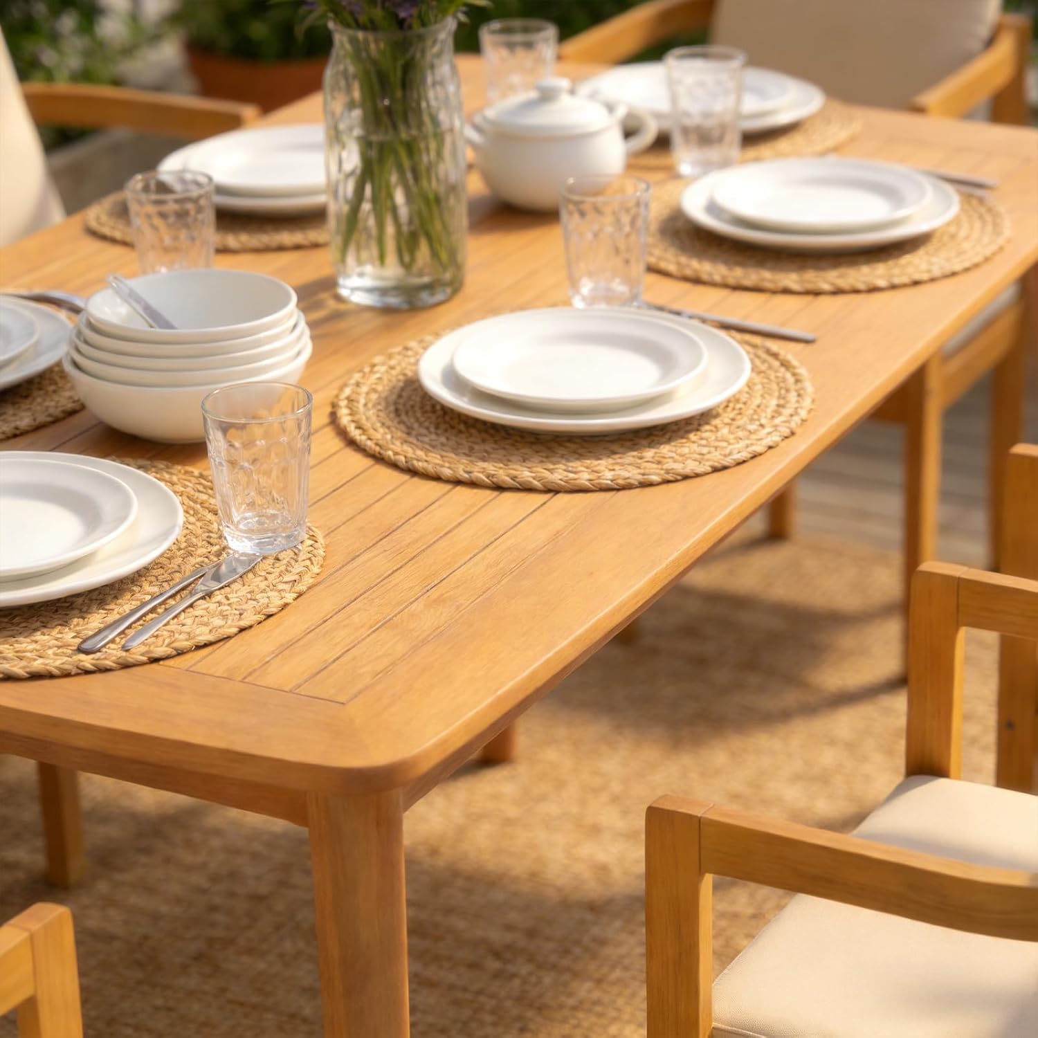 SUNSITT 7-Piece Outdoor Patio Dining Set, 63" Acacia Wood Dining Outdoor Table Set with Umbrella Hole, 6 Curved Patio Arm Chairs w/Removable Cushions for Backyard, Porch, Deck