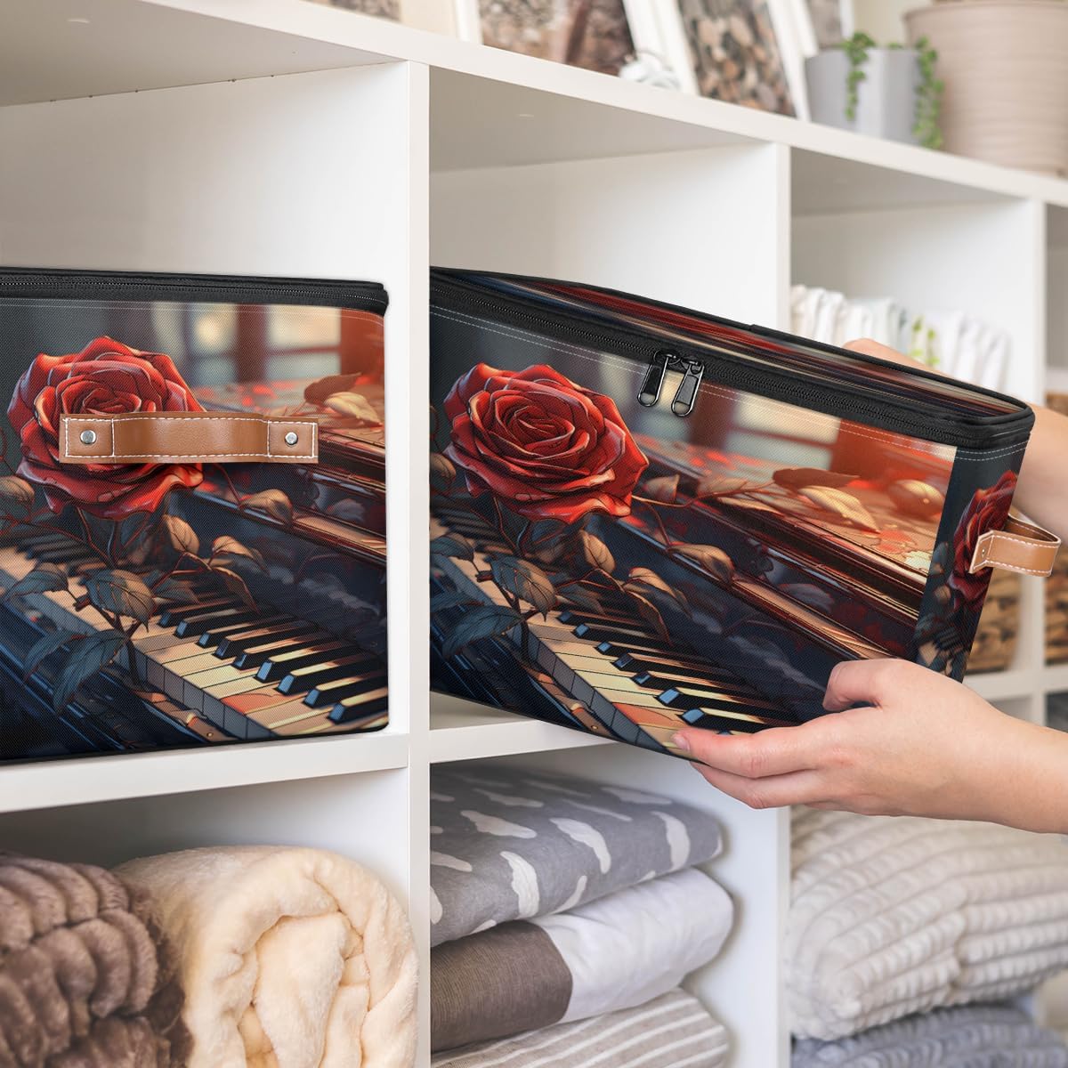 Storage Bin Set of 2 Rose Piano Storage Basket with Zipper Lid & Handle Foldable Closet Shelf 2 Pack Cloth Organizer Basket Cube Bins Clothes Organizer for Bedroom, Nursery