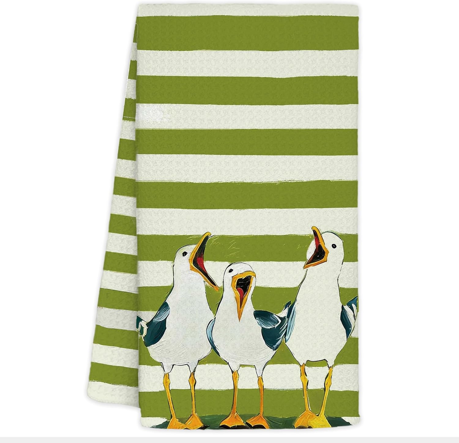 Sage Green Coastal Beach Seagull Kitchen Towels, Beach Lover Gifts, Nautical Ocean Sea Bird Singing Green Striped Decorative Dish Tea Hand Towels for Kitchen Bathroom, 16x24 Inches