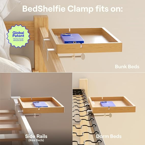 BedShelfie Bedside Shelf for Bunk Bed & Top Bunk, College Dorm Room Essentials, Loft Nightstand, Floating Bed Side Table Tray Storage, Dorm Room Decor By Smallish - (FlexFit Model, Natural)