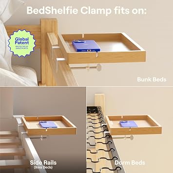 BedShelfie Bedside Shelf for Bunk Bed & Top Bunk, College Dorm Room Essentials, Loft Nightstand, Floating Bed Side Table Tray Storage, Dorm Room Decor By Smallish - (FlexFit Model, Natural)