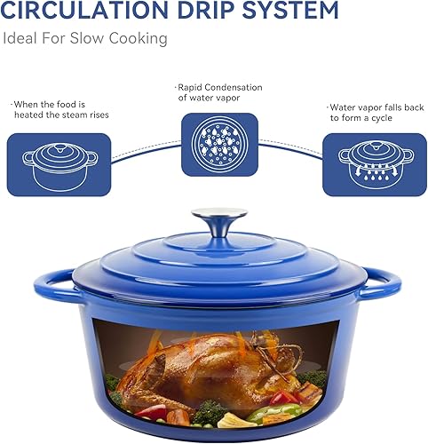Miniatura 7 de Gacuray - Olla de horno holandés de hierro fundido esmaltado de 6.8 cuartos de galón con asas dobles Lidnd, resistente, antiadherente, color azul