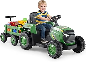 GOPLUS 12V Children's Electric Tractor with Trailer, Electric Tractor with 2.4G Remote Control, Electric Vehicle with LED Light, Music & Horn & Bluetooth, Electric Car for Children from 3-8 Years