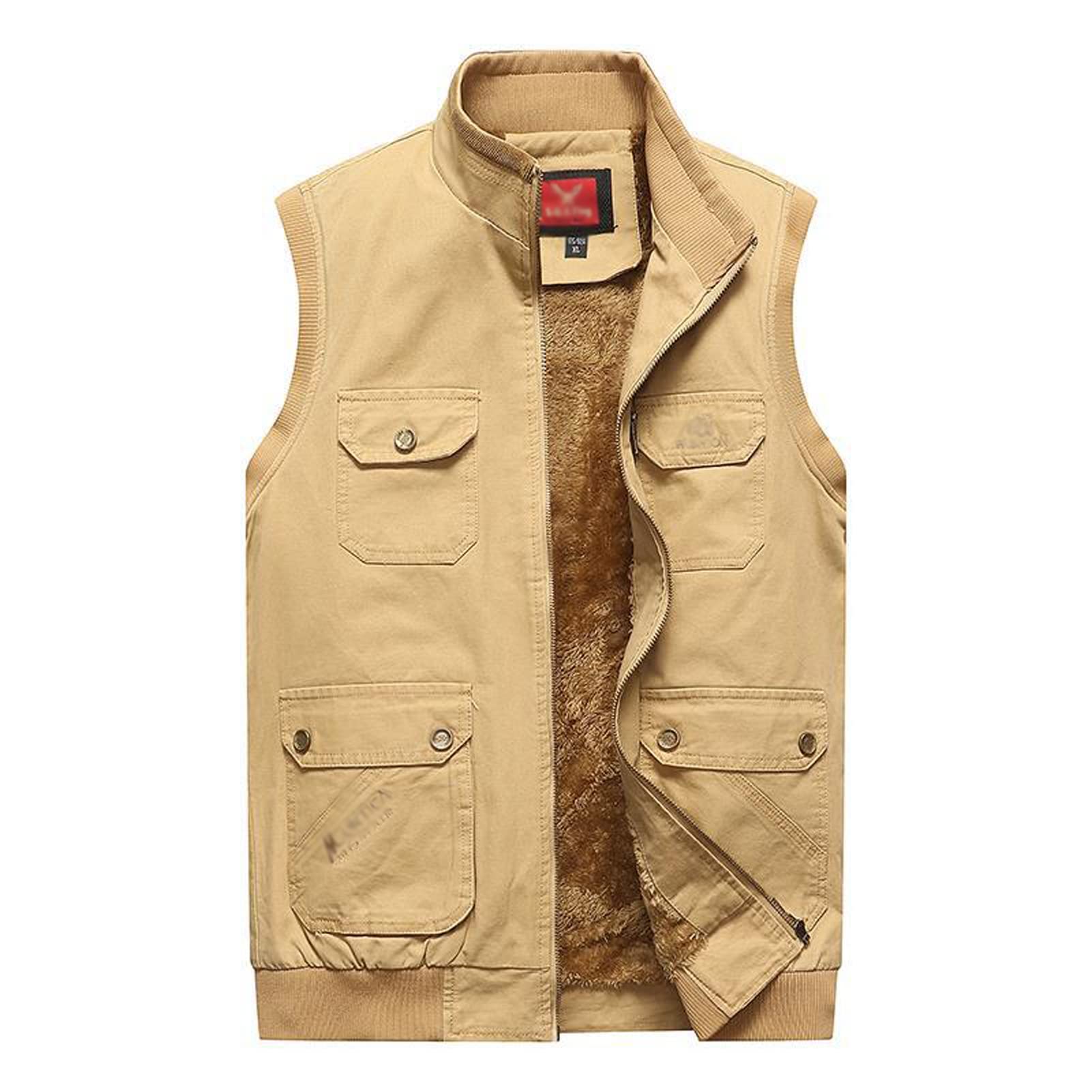 Hombre de algodón Fleece Grueso Gilet Chaleco Outwear Outwear Outdoor Casual Zip Up Pesca Chaleco cálido Hombre Chaqueta Multi Pocket Capa de Carga Light Khaki-XXL