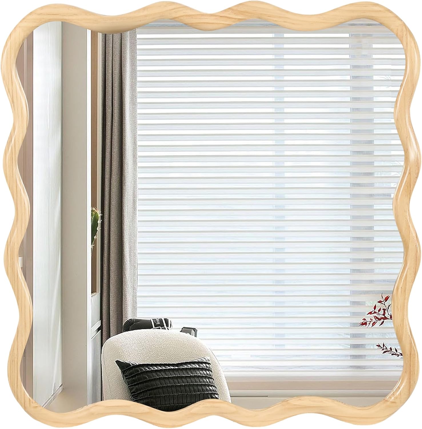 Square Wooden Frame Wavy Mirror, Hang or Lean Against The Wall for Cloakroom Bedroom Living Room, Bathroom Mirrors for Over Sink (Natural, 36" x 36")