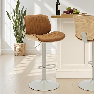 Armen Living Brock Adjustable Swivel Camel Curved Back Wood Bar Stool with Faux Leather Seat Set of 2