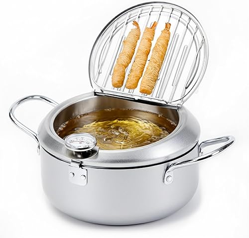 Olla japonesa para freidora, olla de acero inoxidable con termómetro y escurridor de aceite para cocinar con tapa y filtro (mediana de 13 pulgadas)
