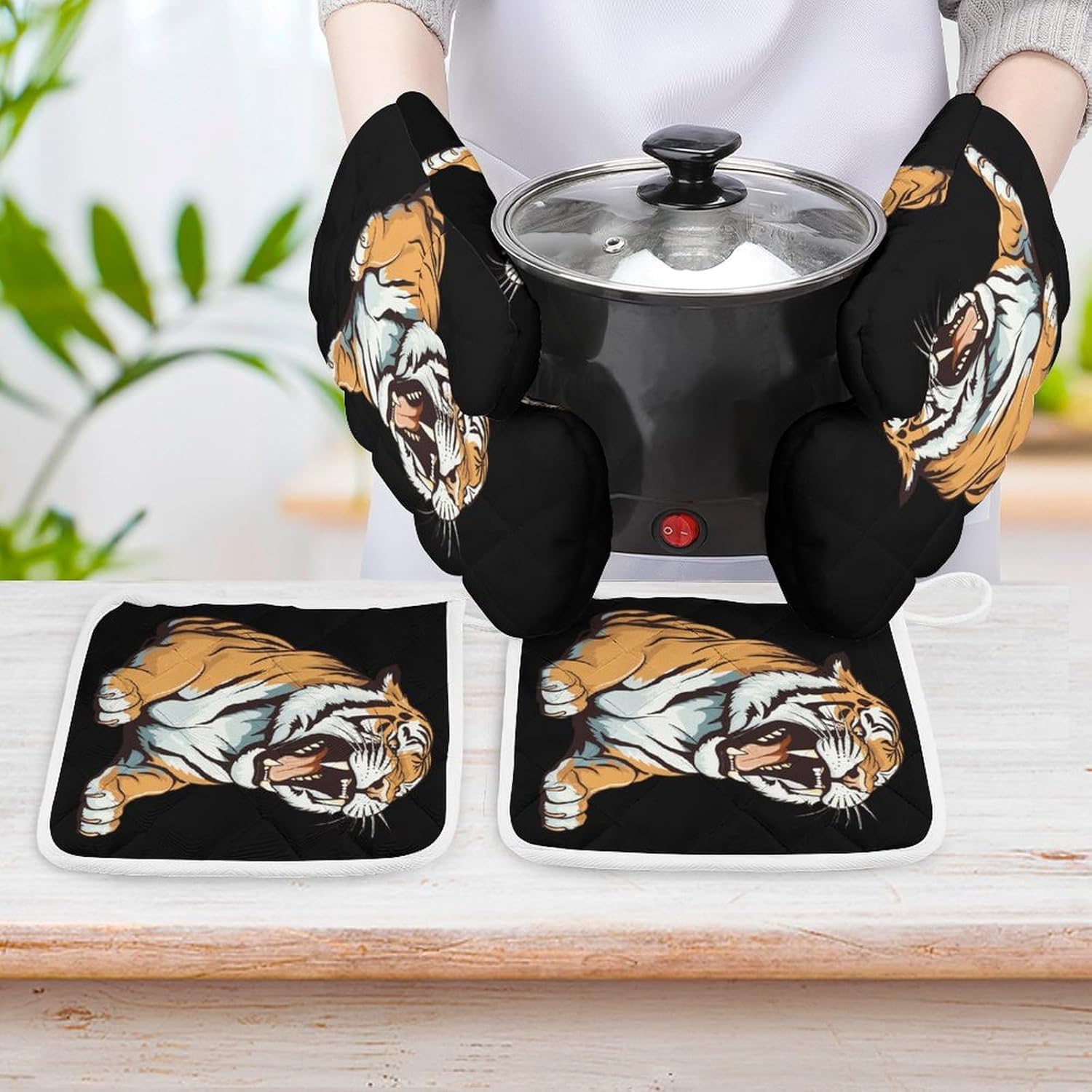 Tiger 4 Pcs Oven Mitts and Pot Holders Set High Heat Resistant Long Kitchen Oven Glove Potholders