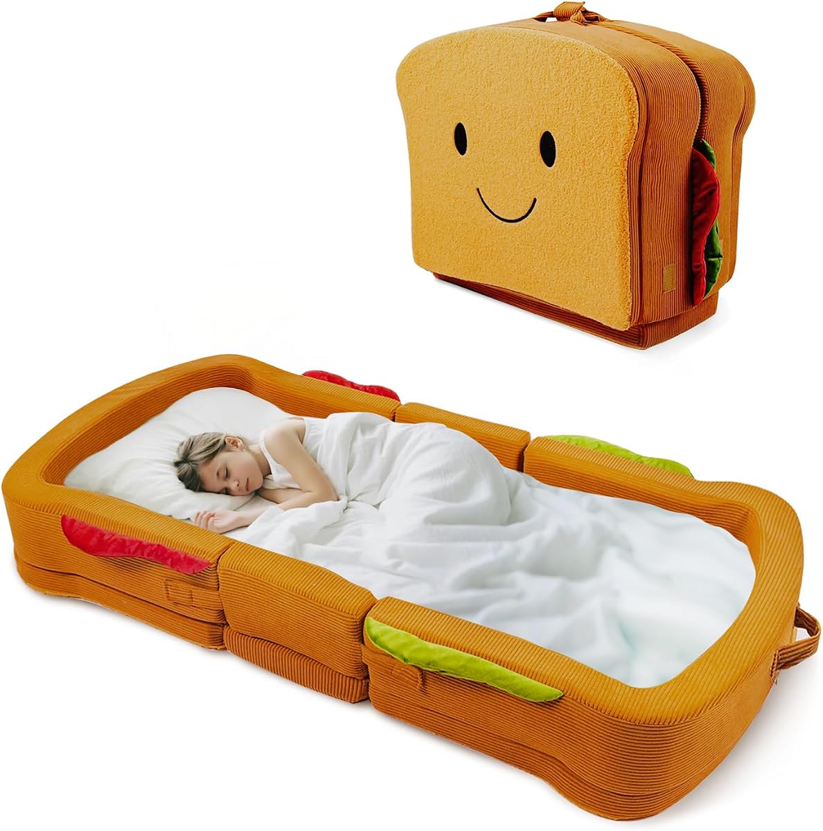 Toddler Travel Bed Sandwich Style - Portable Toddlers Floor Beds, Foldable Soft Foam Travel Crib for Baby and Kid, Washable Cover Toddler Cot with Safety Rail for Travel, Medium Size