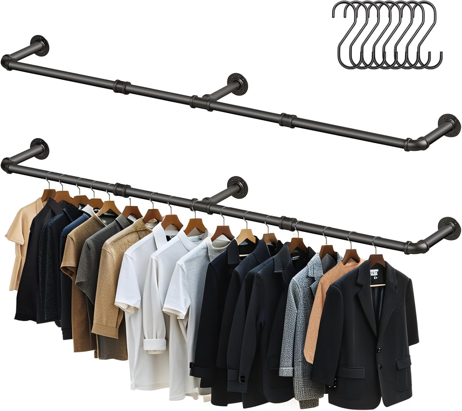 Aduanbang 64.9in Industrial Pipe Wall Mounted Clothes Rack, Heavy Duty Detachable Iron Garment Bar, Rustic Space-Saving Hanging Rod for Bedroom, Closet – Black
