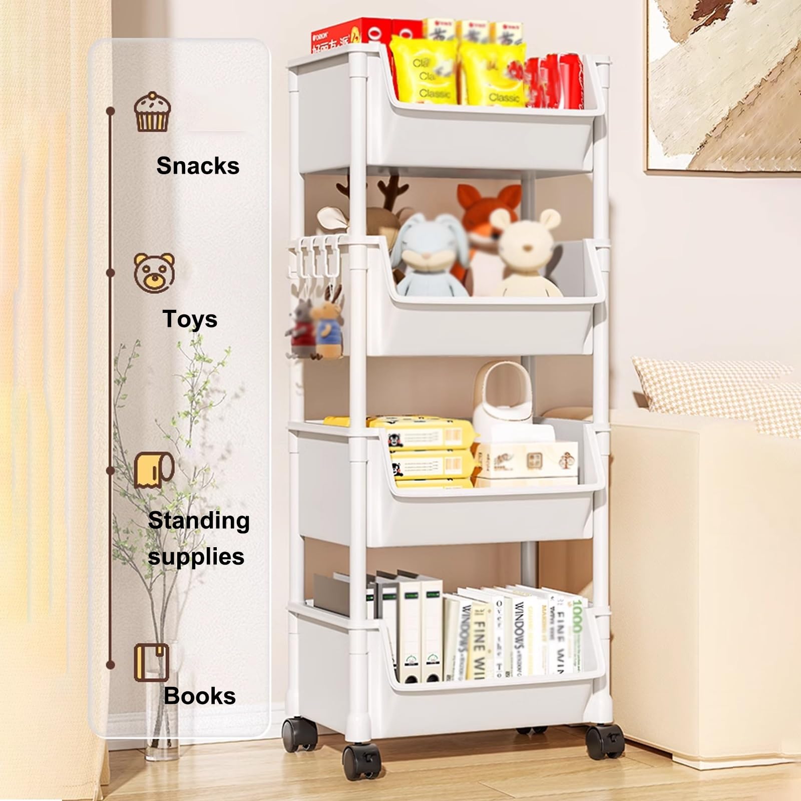 3/4/5 Niveles Carro Almacenaje con Ruedas, Carrito Almacenaje, Carrito Auxiliar Baño, Material Plástico, Estante Extraíble con Ruedas, for Dormitorio, Cocina, Cuarto de Lavado