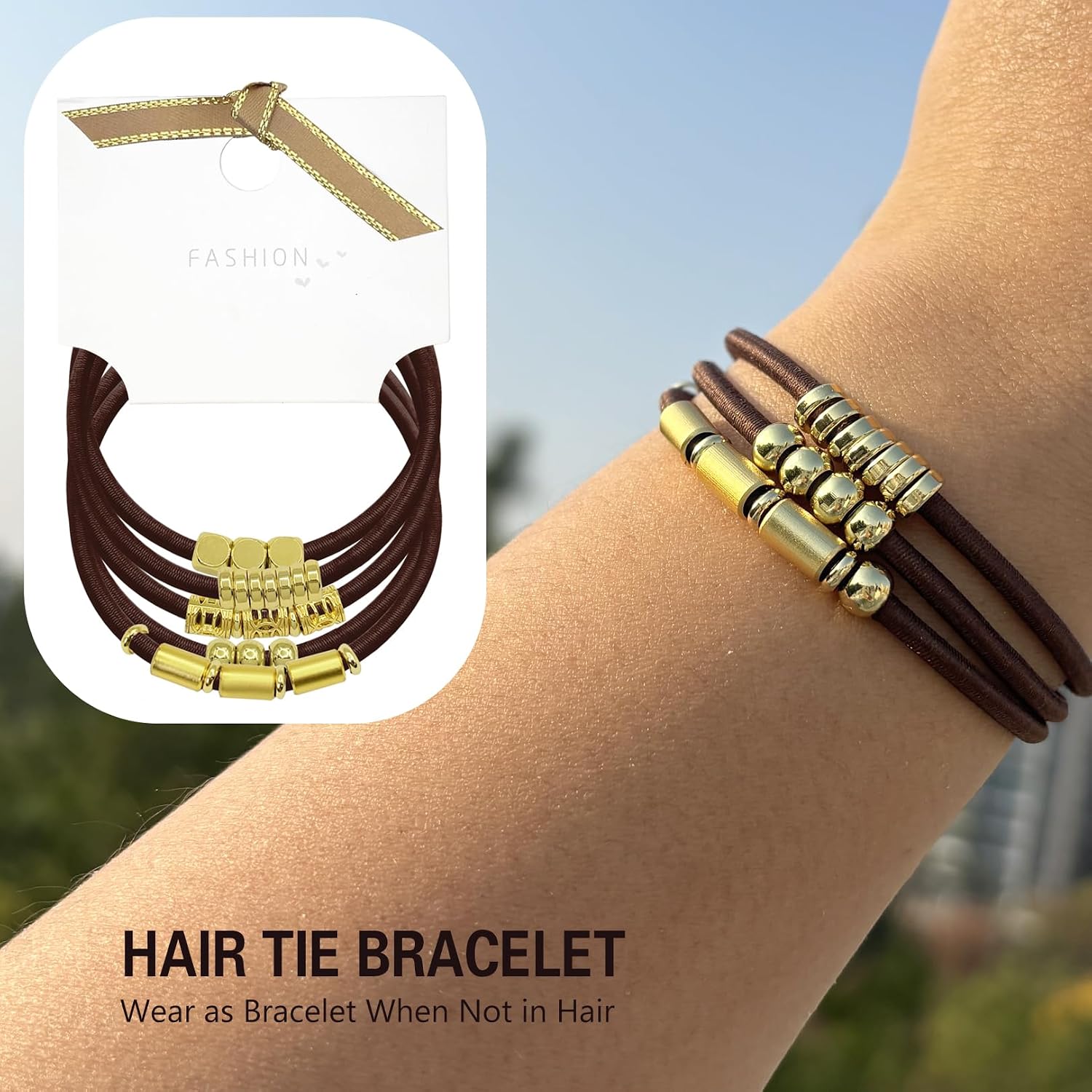 Brown Bracelet Hair Ties for Women, 5 Pack Cute 3mm Thick Elastic Ponytail Holders Accessories for Thick Hair No Damage Stretchy Beaded Pony Tails Ties with Gold Metal Charms Beads image 3